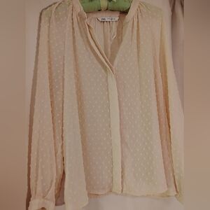 New Zara Cream Sheer And Dots Size S Gorgeous Lightweight Shirt